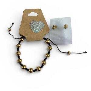 Black string bracelet with gold tone stainless steel beads with earrings. NEW